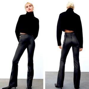 Zara Faux Vegan Leather Cutout Flare Pants – Black High Rise (Size L) Edgy Biker